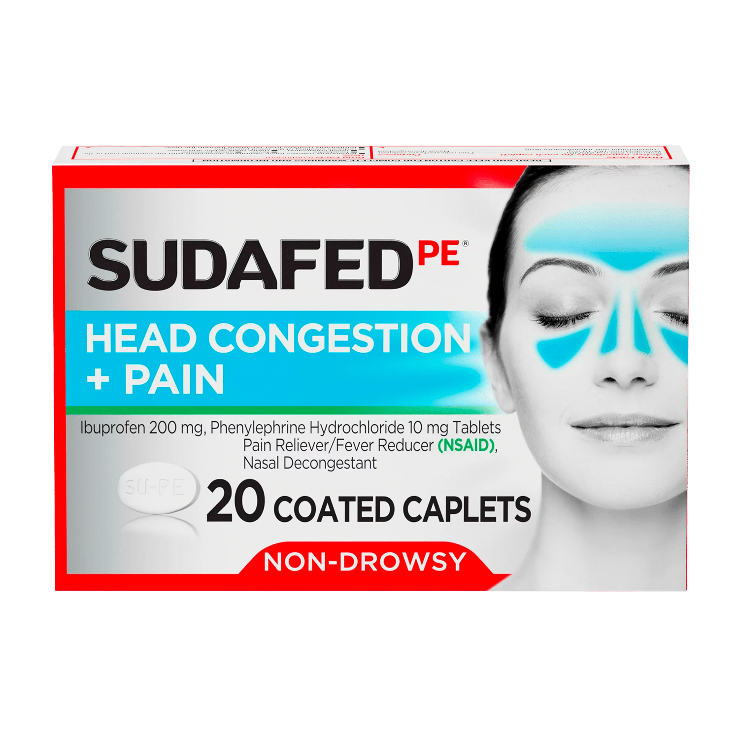 Sudafed PE Không gây buồn ngủ tắc nghẽn đầu + Viên giảm đau, 20 ct