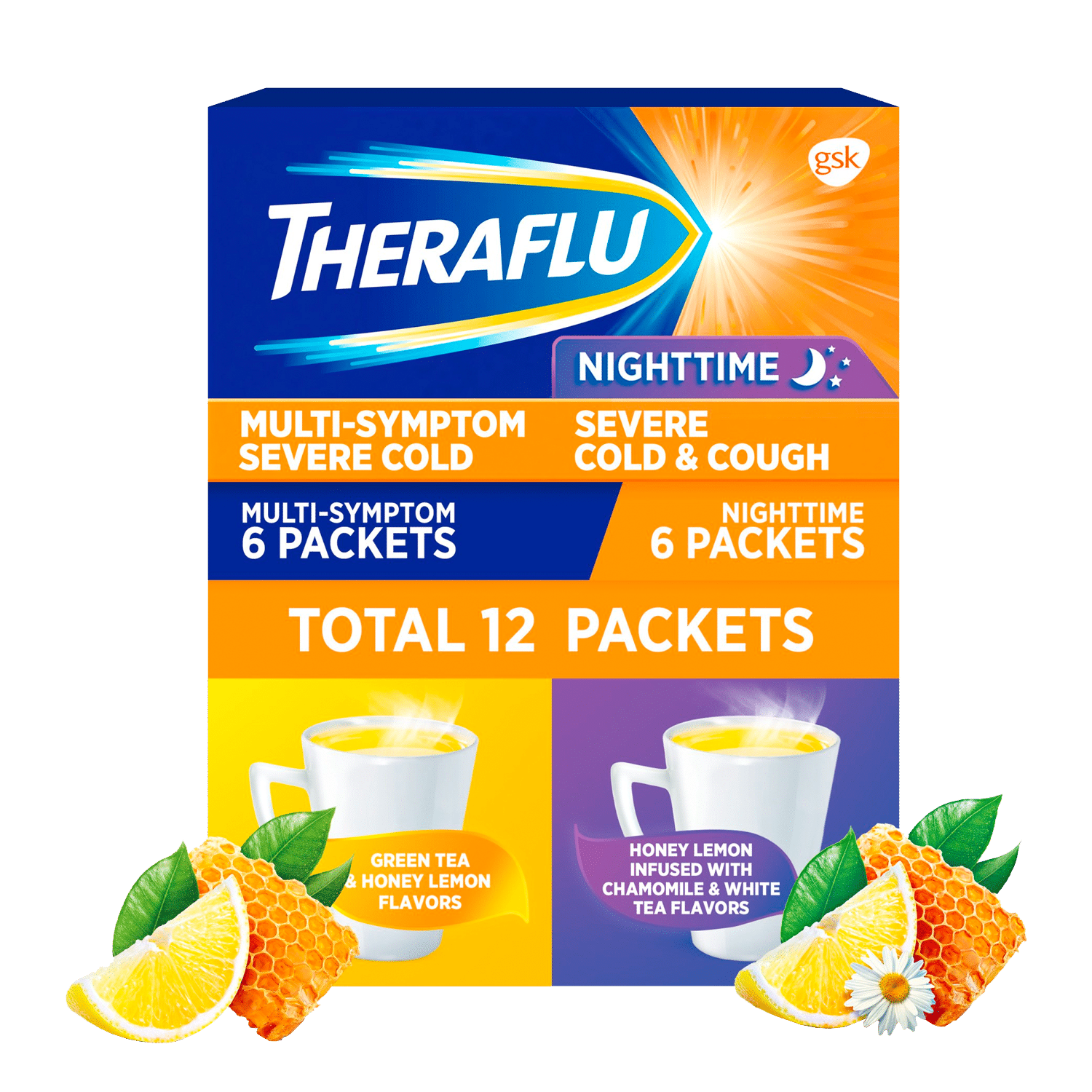 Theraflu Bột giảm cảm lạnh, cúm và ho nặng, pha trà, 12 gói